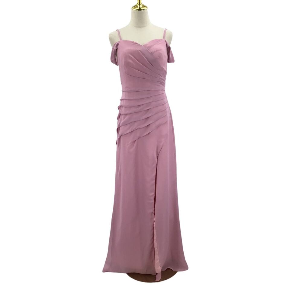 FORMAL SZ 12 L Pink cold shoulder pleated lace up bridesmaid Maxi Dress NWT B65